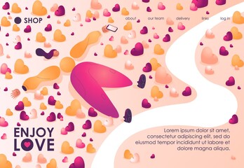 Landing page template with woman laying down among plenty of hearts or likes. Happy concept character drawn with pink and yellow gradients