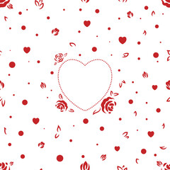 Seamless pattern with hearts and floral motives. Red love ornament on white and transparent backgrounds.