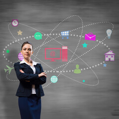 portrait of a young woman against the background of technological illustration