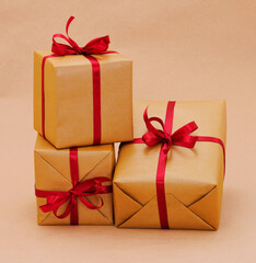 Gift boxs or present wrapped in craft paper.