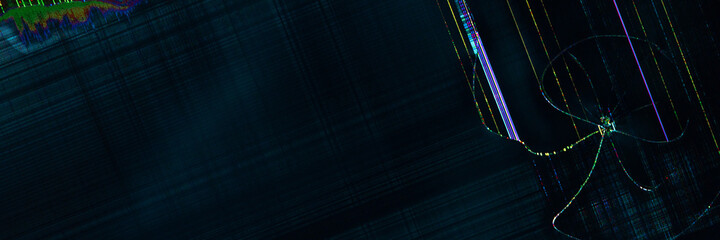 dark abstract digital background: damaged screen matrix with interference of monitor and camera matrices