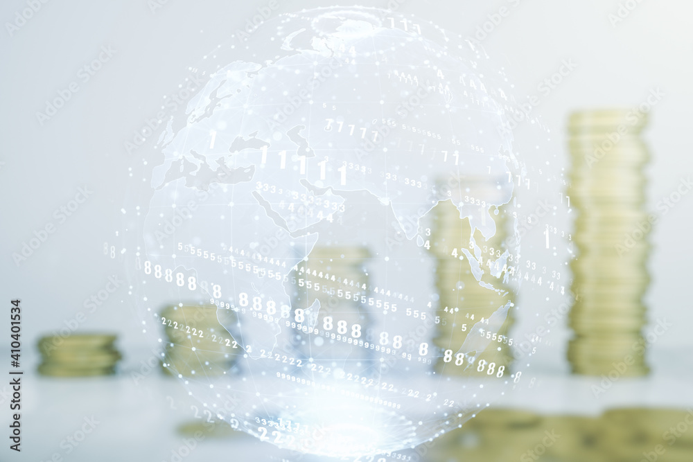 Poster abstract virtual coding illustration and world map on coins background, international software devel