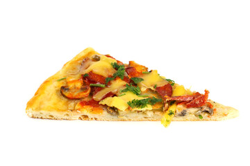 Slice of fresh homemade pizza with sausage, cheese and pickles isolated on white