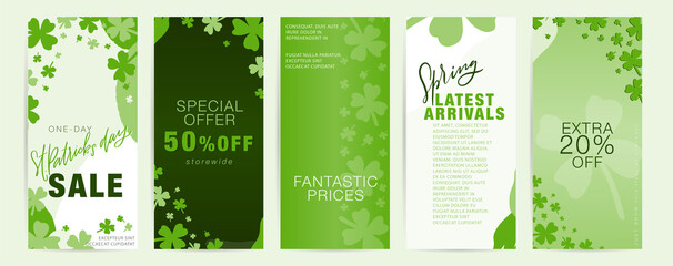 Saint Patrick’s day vertical long flyer set with shamrock frames and green abstract shapes.  Spring special offer, latest arrivals business promotional materials for March 17th.