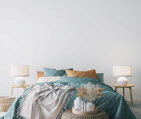 Scandinavian bedroom design, empty wall mockup in white background, 3d render