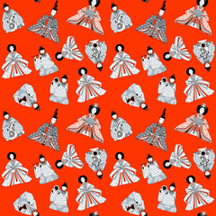 Japanese Hinamatsuri festival (Doll’s Day or Girls’ Day). Set of ornamental dolls.  Seamless background pattern.