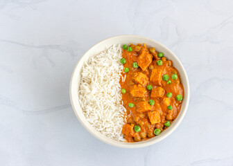 Indian Matar Paneer with Rice in a Bowl, Healthy Vegetarian Indian Food