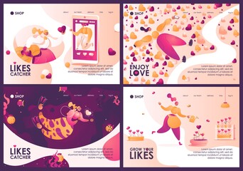 Fototapeta na wymiar Concept banners collection about growing and finding likes and love, social acceptance and media popularity in pink and yellow. Landing page templates with women characters and hearts