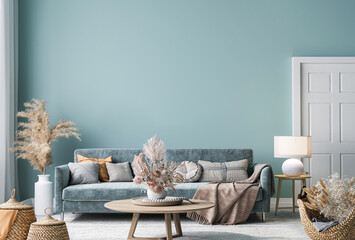 Home interior mock-up with blue sofa, wooden table and decor in blue living room, 3d render - obrazy, fototapety, plakaty