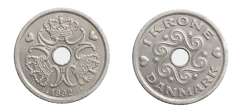 1 danish krone coin isolated on white background