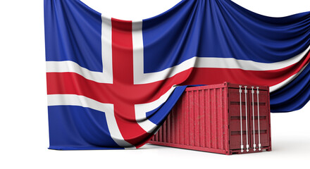 Iceland flag draped over a commercial trade shipping container. 3D Rendering
