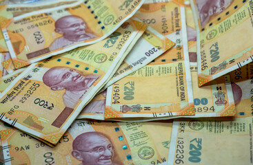 Indian money and banknotes, 200 rupees. Background of paper Indian money
