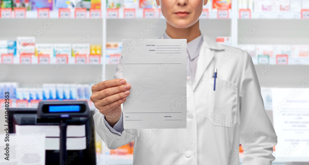 Sticker medicine, profession and healthcare concept - close up of female doctor in white coat holding prescription blank over pharmacy background