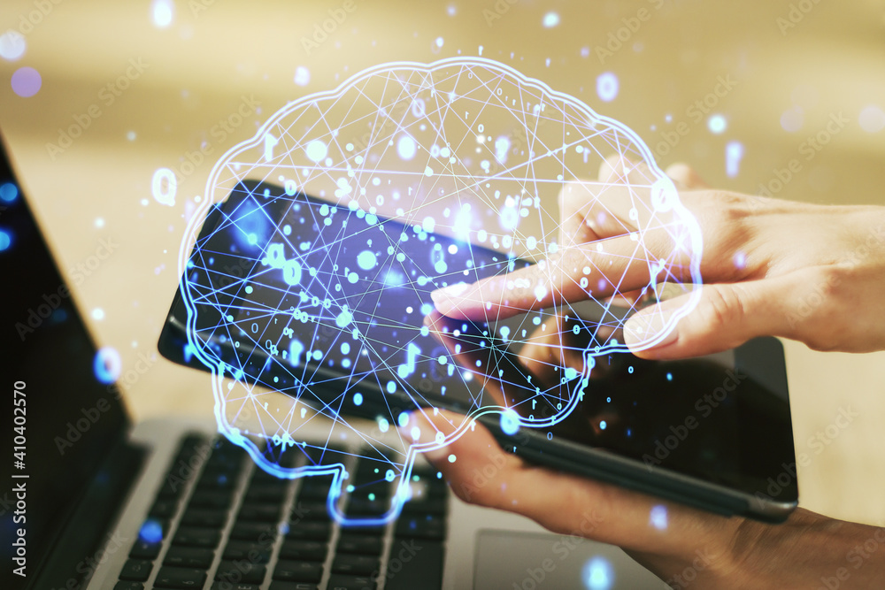 Aufkleber creative artificial intelligence concept with human brain sketch and finger presses on a digital tab