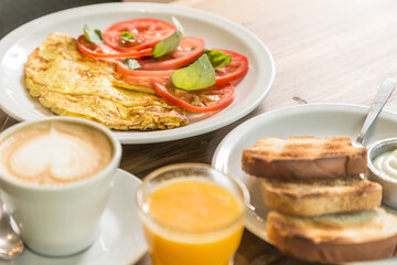 breakfast brunch coffee and juice ready to eat