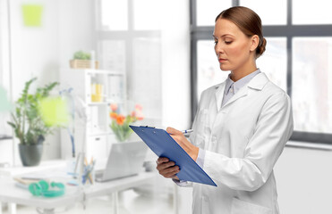 medicine, profession and healthcare concept - female doctor in white coat with clipboard and pen...
