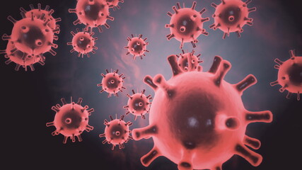 CGI imagery of the COVID-19 coronavirus also known as 2019-nCov and first reported in Wuhan, China. Bright red virus cells are floating in black space background. Abstract 3d rendering concept in 4K.