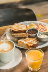 breakfast brunch coffee and juice ready to eat