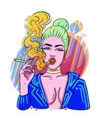 Hand-drawing beautiful young woman portrait. Fashion girl with cigarette. Print for T-shirt.Vector illustration