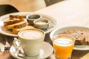 breakfast brunch coffee and juice ready to eat