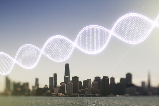 Double exposure of creative DNA hologram on San Francisco city skyscrapers background. Bio Engineering and DNA Research concept