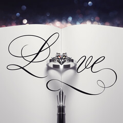 Luxury engagement ring with a heart-shaped diamond as the letter "O" in the word LOVE written by hand through an empty book spread. Elegant wedding design concept with calligraphy. 3D render.