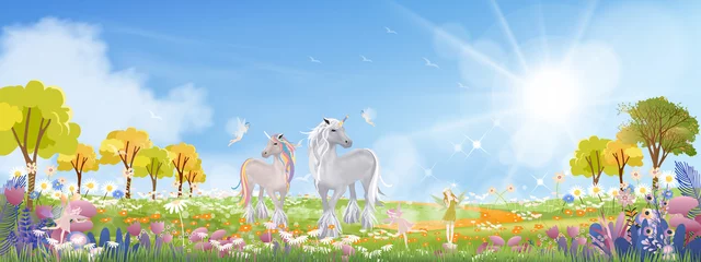 Poster Unicorn and cute little fairies flying on spring filds with wild grass flower,Cute cartoon wonderland landscape in Summer morning with fairy family horse walking on green meadow with sunlight shining. © Anchalee
