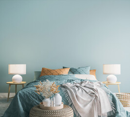 Scandinavian bedroom design, empty wall mockup in blue background, 3d render