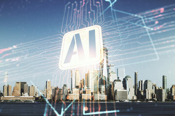 Double exposure of creative artificial Intelligence icon on New York city skyscrapers background. Neural networks and machine learning concept