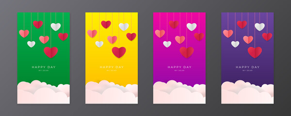 Set of pink yellow blue happy valentine's day vertical banners, posters, cards or flyers with origami hearts in paper cut style. Design template for advertising, web, social media, stories templates