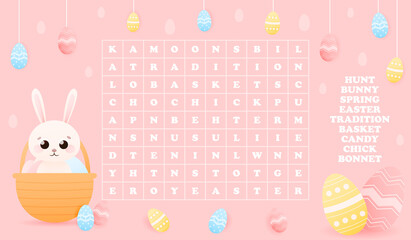 Word search riddle for kids with cute animal character - easter bunny hiding in basket with painted eggs on pink background, puzzle for childrens book, printable worksheet, spring holiday theme