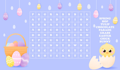 Cute little chick hiding in egg shell, easter eggs around and basket, word search puzzle for kis, worksheet for school or kindergarden, educational riddle, study english