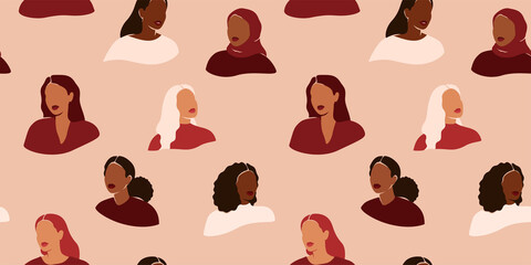 Seamless pattern with female faces in a paper cut style. Repeatable background with women of different cultures and ethnicity. Flat vector illustration