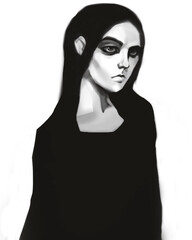 girl drawn by hand. minimalistic simplified image. Artistic sketch of a gothic girl drawn in a cartoon style. Character for cover, print, design. Young woman with black hair in black clothes
