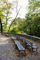 Several benches on a resting area in the upper side of Central Park, Manhattan, New York City, New York, USA.