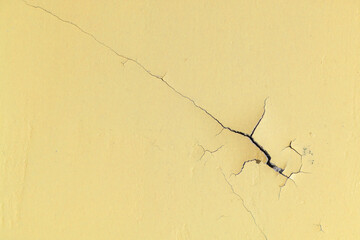 Peeling Paint on the Yellow Wall or Floor. Long Crack with Flaky Edges. Repair Required. Abandoned Premises. Conceptual Background. CloseUp.