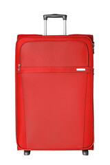 Red fabric travel suitcase with zipper, handle and lock on white background isolated close up front view, large cloth baggage case, big textile luggage trolley bag, summer holidays, tourism, vacation