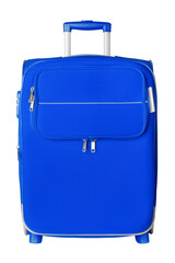 Blue fabric travel suitcase with zipper, handle and lock on white background isolated close up front view, large cloth baggage case, big textile luggage trolley bag, summer holidays, tourism, vacation