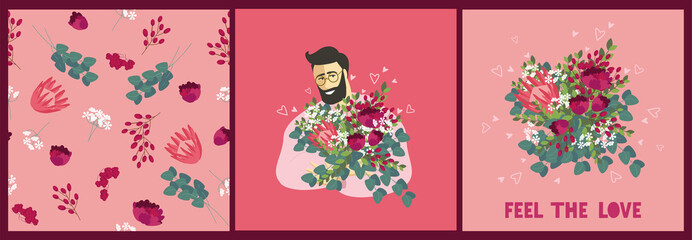 Set Valentine's Day greeting cards in flat cartoon style. Invitation, greeting card, avatar in social networks. Seamless flowers pattern. Vector design concept. 14 February.