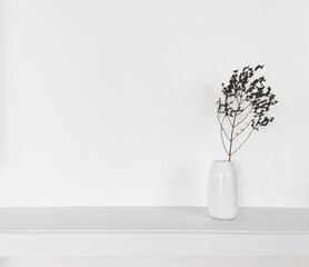 Sucha gałązka w białym wazonie stojąca na półce na tle białej ściany - obrazy, fototapety, plakaty
