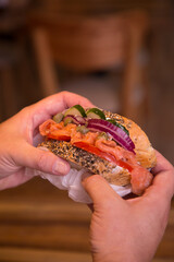 delicious sandwich on wooden table ready to eat
