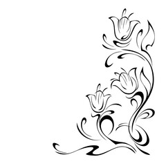 ornament 1503. decorative element with stylized flowers, leaves and curls in black lines on a white background. Corner design