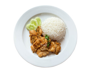 garlic fried chicken with rice in top view