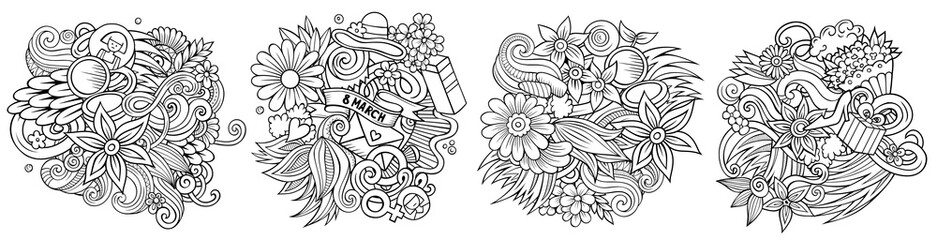 Happy Womens Day cartoon vector doodle designs set.