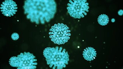 Virtual animated representation of covid19 coronavirus cells moving inside infected organism in the form of bright azure microorganisms on a black background. Abstract concept 3d rendering 4K video.