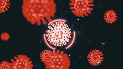 Animation of coronavirus covid-19 cells in red color and isolated on a black background under magnification in an electron microscope. Abstract 3d rendering pathogen concept in 4K video.