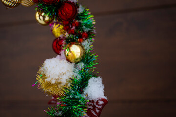christmas decoration on dark background green and red christmas balls, Christmas 2021