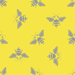 Honey bee vector seamless pattern background. Grey silhouette stencil style hand drawn flying insect on yellow backdrop. Garden winged bug all over print for summer, conservation, food concept