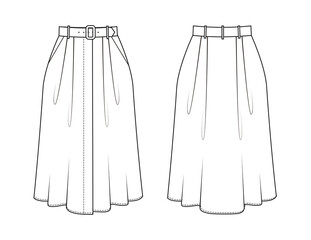 Fashion technical drawing of loose waist skirt.