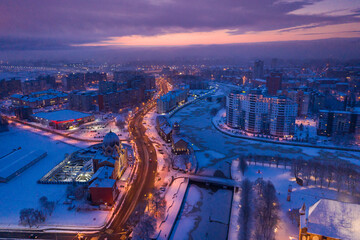 Aerial view of the Fishing Villahe in Kaliningrad in the winter morning